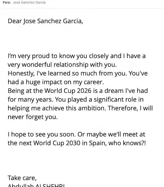 Mensaje del árbitro internacional Abdullah Alshehri a José Sánchez García antes del Mundial