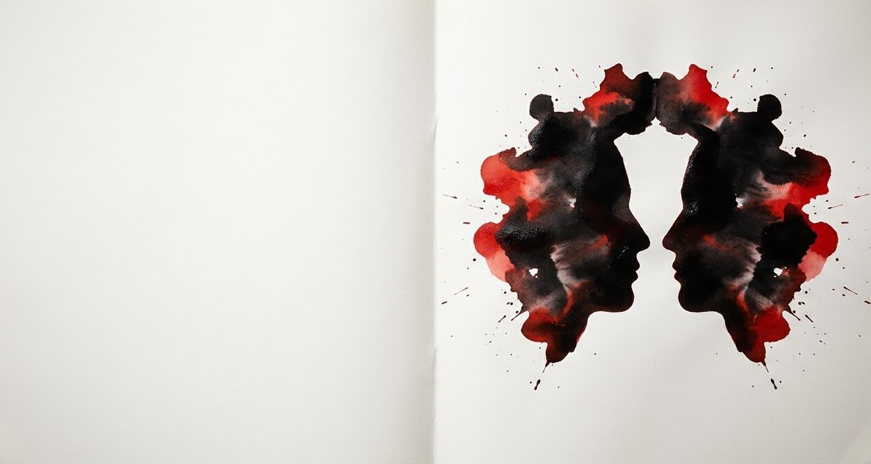 Mancha de tinta en negro y rojo cuyos bordes forman dos perfiles humanos enfrentados